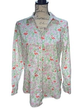 Brooks Brothers Pink & Coral Flamingo Print Button-Up Blouse